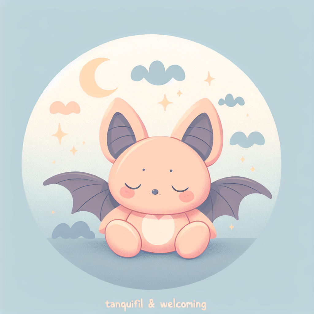 Adorable peluche chauve-souris noire aux ailes déployées et aux grands yeux expressifs, posée sur un fond doux