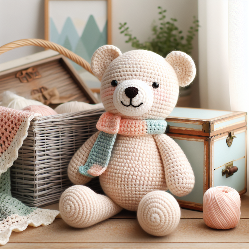 Adorable peluche crochet représentant un petit animal coloré aux détails artisanaux, posée sur une surface douce