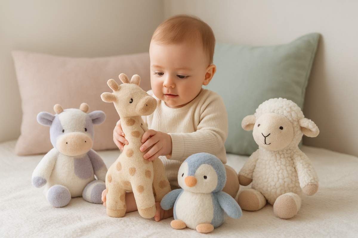 Peluche d'activité bébé avec textures variées, anneaux et grelot pour l'éveil sensoriel