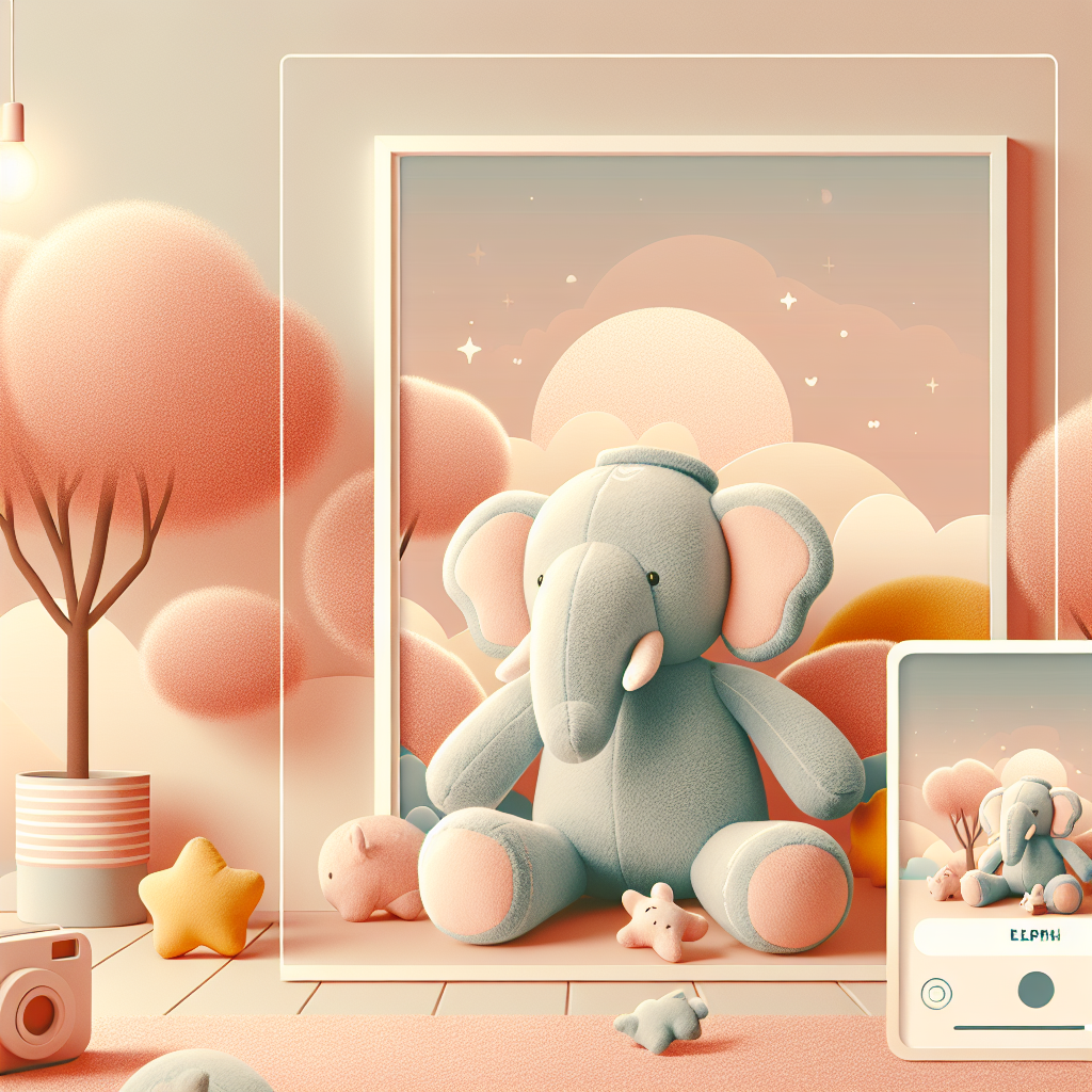 Peluche Dumbo grise et rose posée délicatement sur un lit d'enfant avec une lumière douce