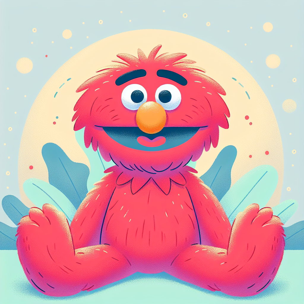 Peluche Elmo rouge souriante posée sur un lit d'enfant avec des coussins colorés