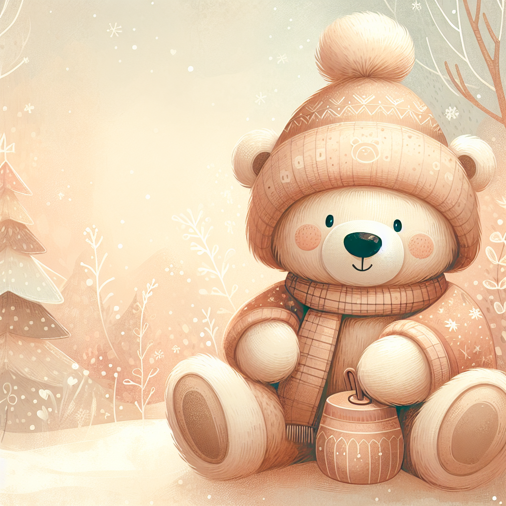 Adorable peluche esquie blanche aux grands yeux expressifs, assise dans un décor hivernal doux et réconfortant