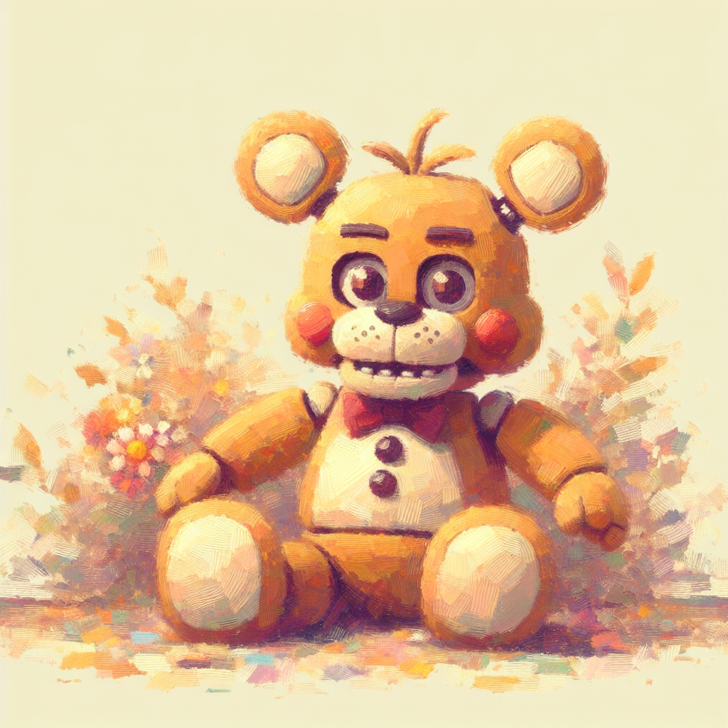 Collection de peluches FNAF colorées disposées sur un lit douillet, montrant Freddy, Bonnie, Chica et Foxy dans leurs versions adorables et câlines