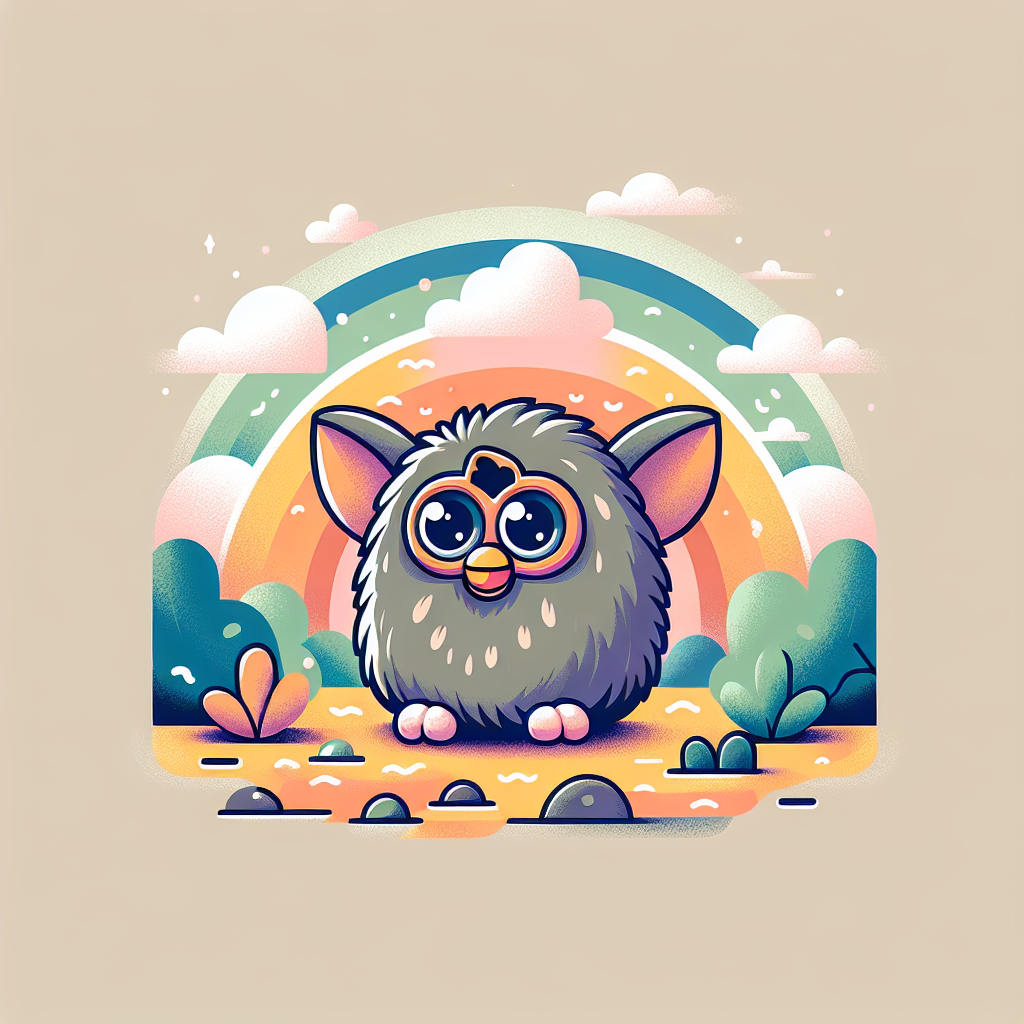 Peluche Furby colorée avec grands yeux expressifs dans un environnement chaleureux