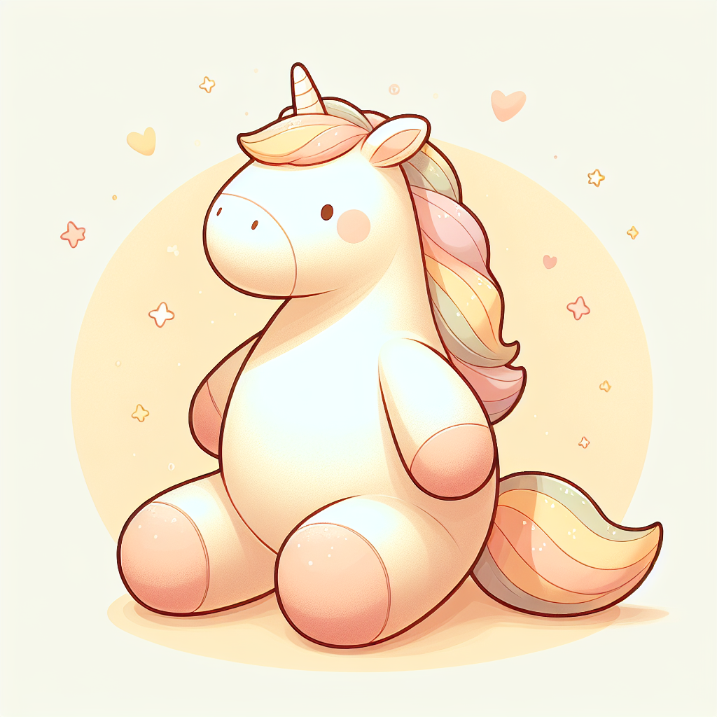 Grande peluche licorne blanche et rose posée dans une chambre d'enfant lumineuse avec des coussins colorés