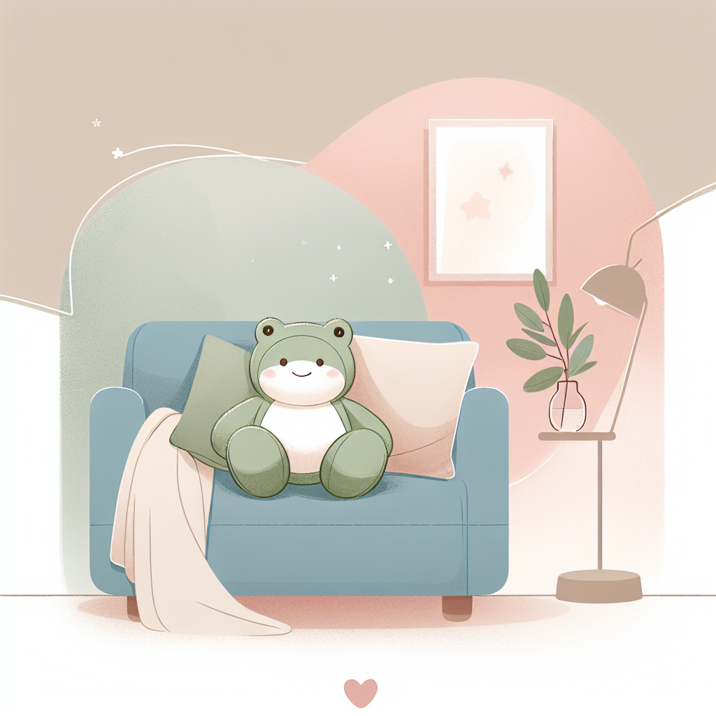 Adorable peluche grenouille verte avec de grands yeux expressifs, posée délicatement sur un fond doux, évoquant tendresse et réconfort