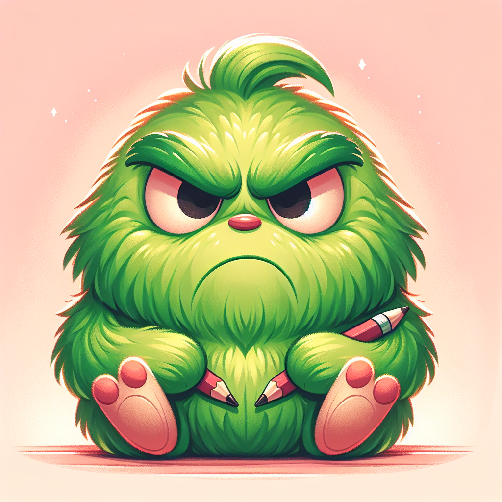 Peluche Grinch verte avec expression malicieuse et sourire en coin, symbole de transformation et d'espoir