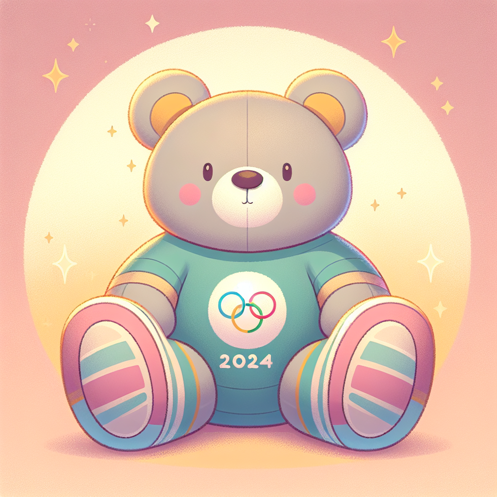 Peluche mascotte Phryge des JO Paris 2024 avec bonnet phrygien rouge sur fond aux couleurs olympiques