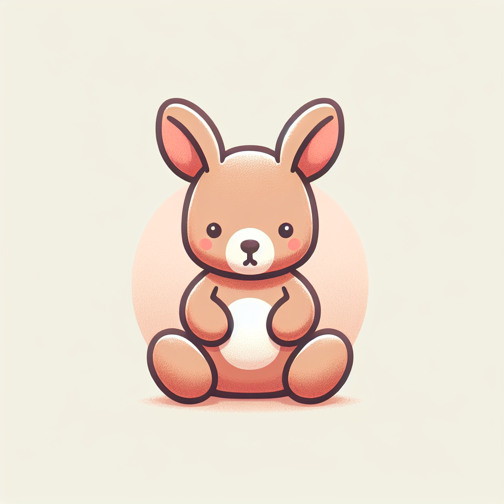Adorable peluche kangourou marron avec sa poche fonctionnelle, posée sur un lit d'enfant avec des coussins colorés