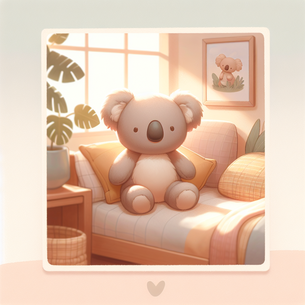 Peluche koala grise et blanche aux grandes oreilles rondes, assise dans une position naturelle avec expression tendre et apaisante
