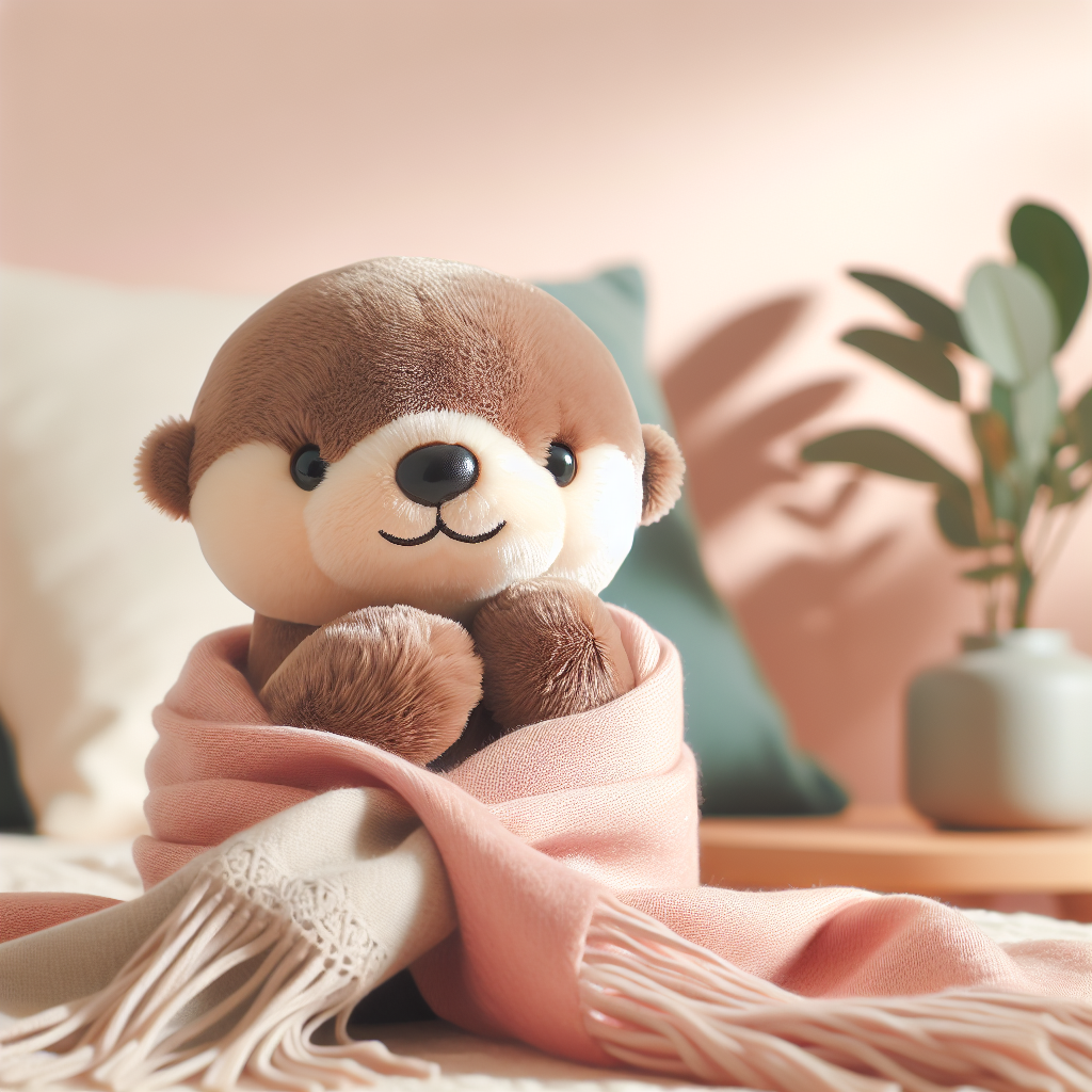 Adorable peluche loutre brune aux yeux pétillants, positionnée sur le dos avec les pattes jointes sur le ventre dans une pose caractéristique