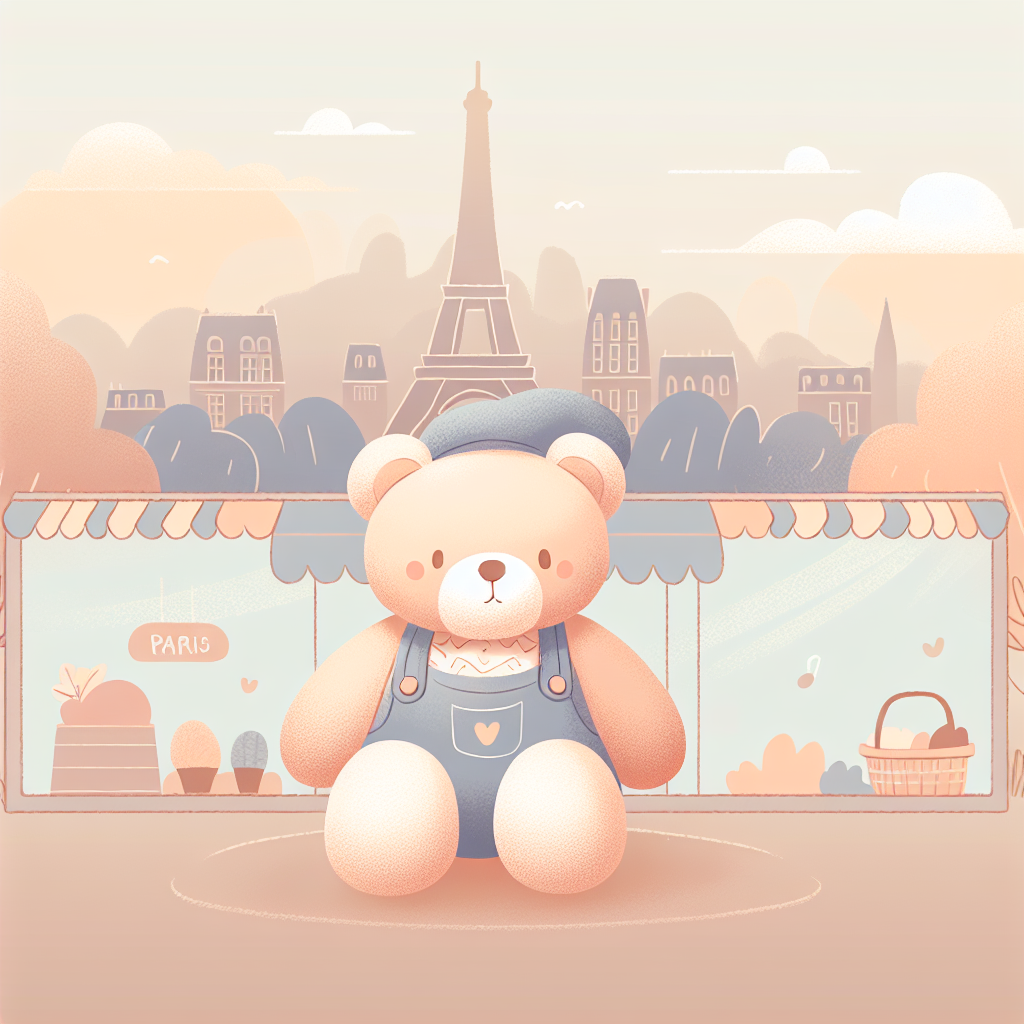 Boutique artisanale de peluches dans une rue pavée parisienne avec vitrine colorée