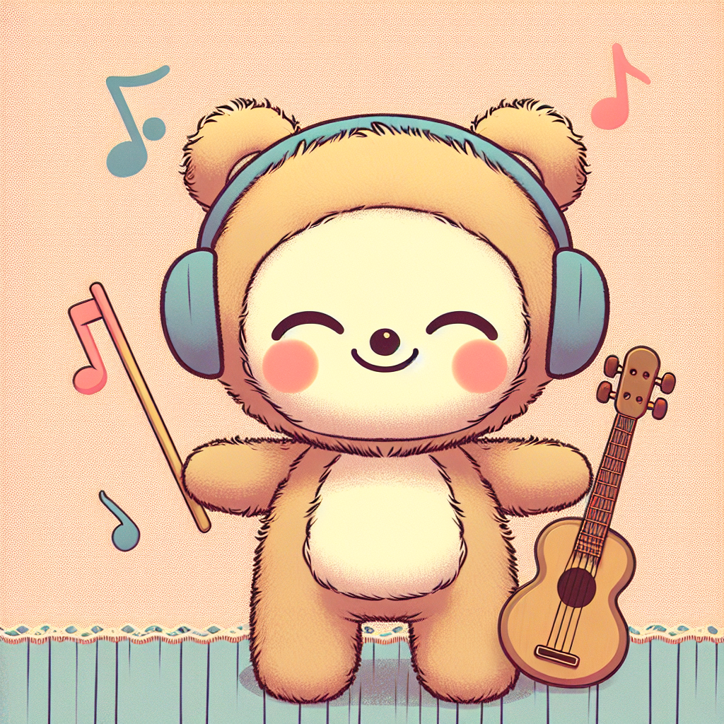 Peluche musicale douce en forme d'ourson beige tenant une note de musique, posée sur un lit d'enfant avec des notes colorées flottant autour