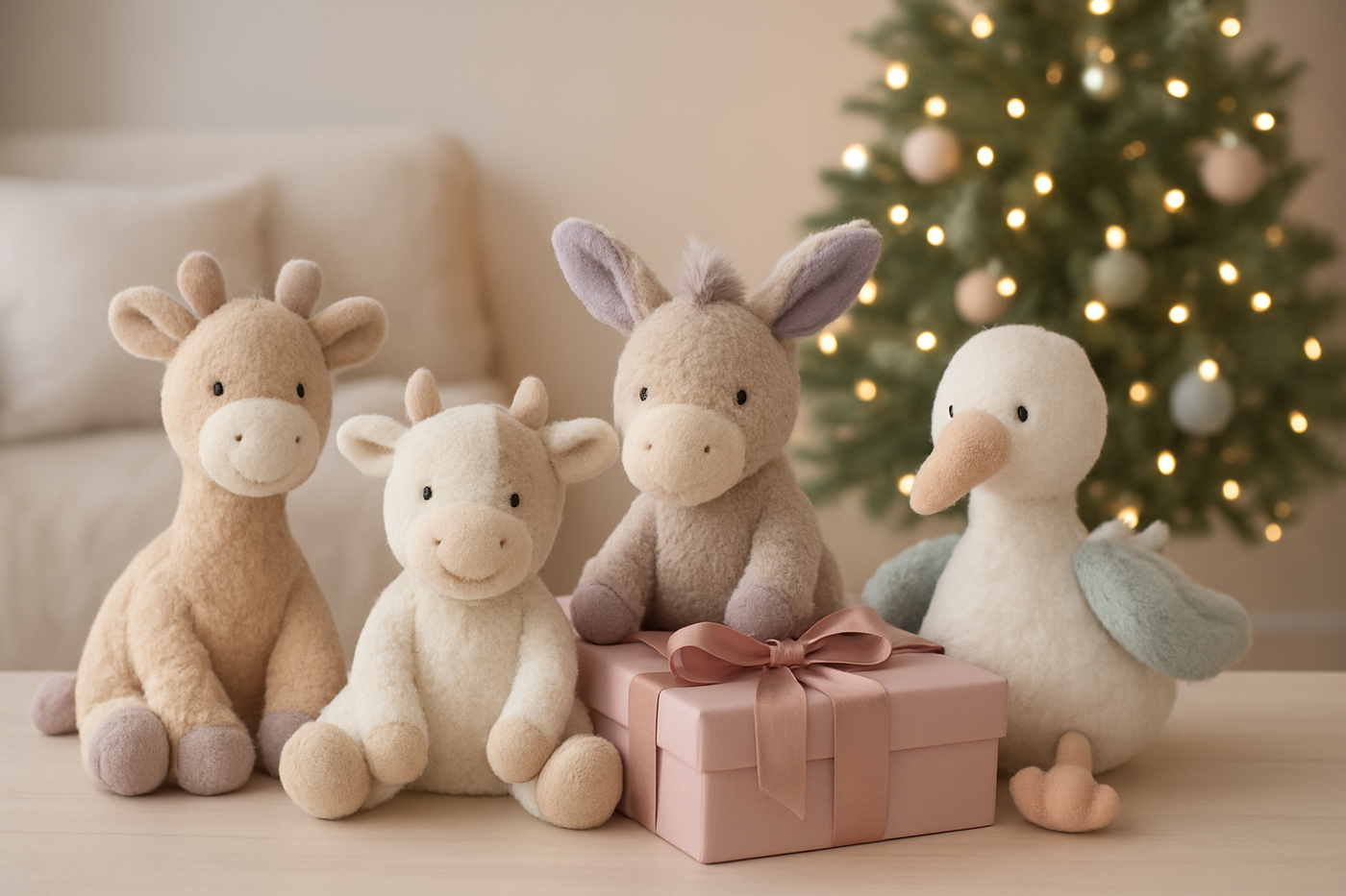 Peluche Noël douce et colorée posée sous un sapin illuminé avec des décorations festives