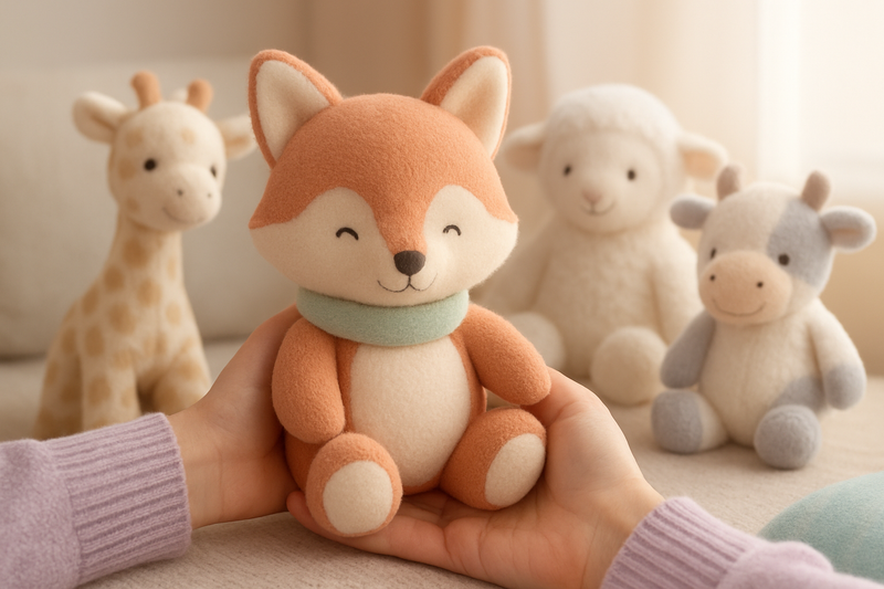 Peluche Petit Prince Renard douce et colorée posée sur fond étoilé, cadeau littéraire pour enfant et adulte