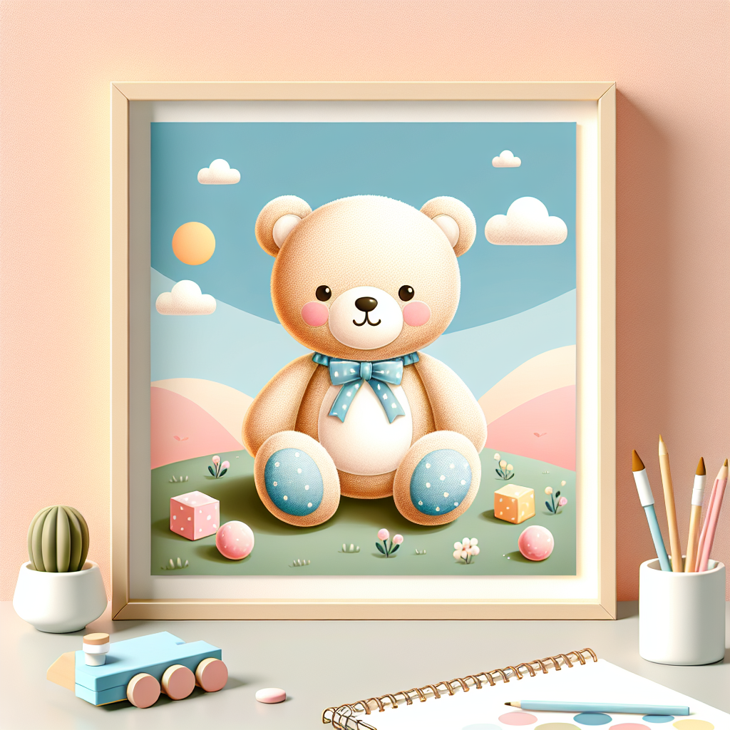 Peluche Popi ourson rouge souriant posée sur un lit d'enfant avec des jouets colorés en arrière-plan