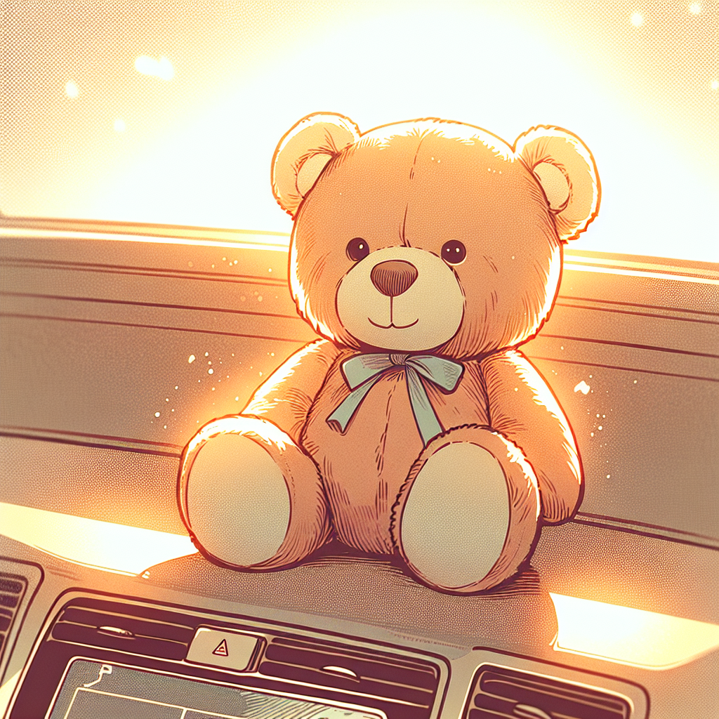 Adorable peluche positionnée sur le tableau de bord d'une voiture, créant une atmosphère chaleureuse et accueillante dans l'habitacle
