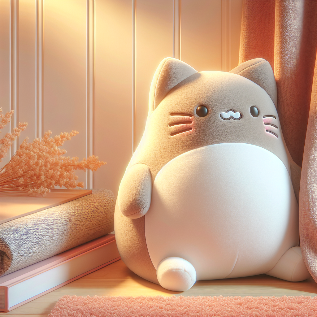 Peluche Pusheen grise souriante posée sur un lit douillet avec des coussins colorés