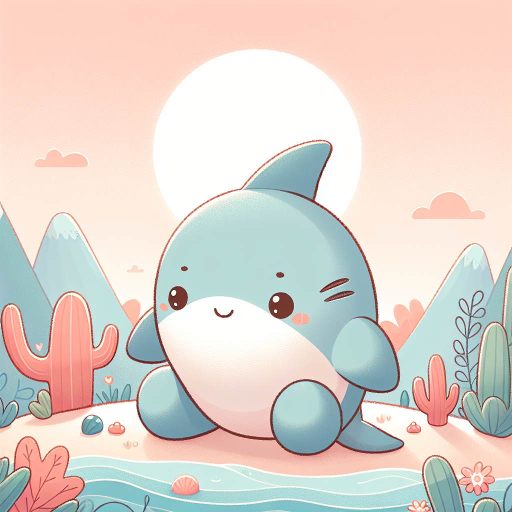 Peluche requin gris tout doux avec des yeux expressifs et un sourire bienveillant, posée sur un lit d'enfant avec des coussins bleus