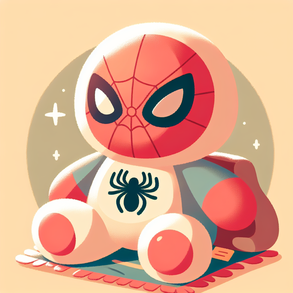 Peluche Spider-Man rouge et bleu posée sur un lit d'enfant avec des jouets Marvel en arrière-plan