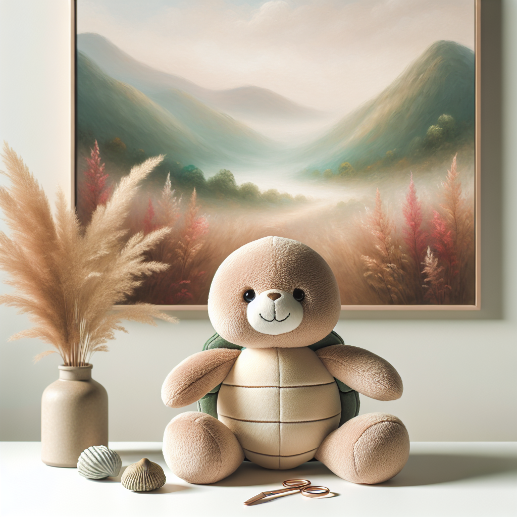Adorable peluche tortue verte avec carapace texturée posée sur un lit douillet, invitant aux câlins