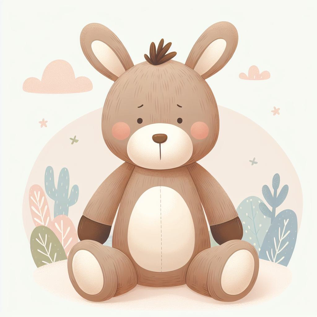 Peluche Trotro le petit âne gris posée sur un lit d'enfant avec des jouets colorés en arrière-plan