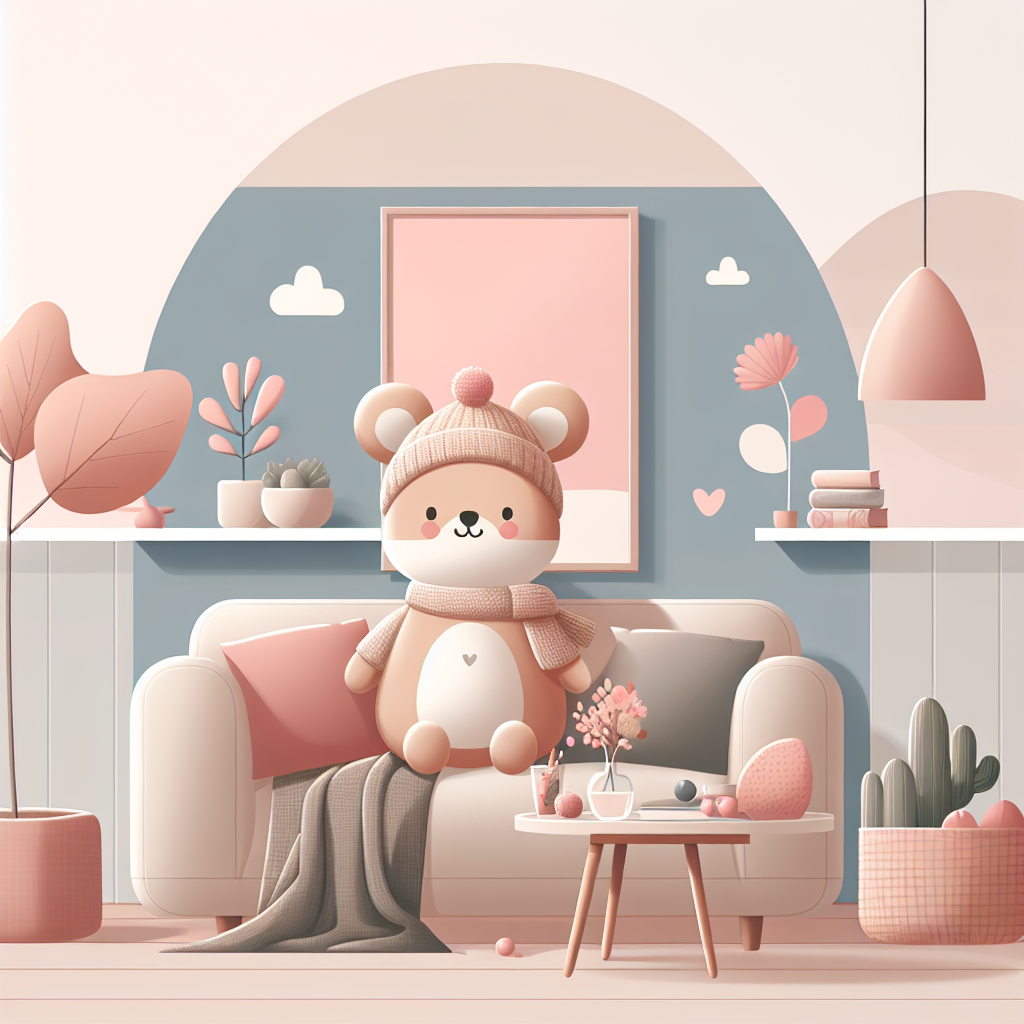 Peluche zizi rose et douce posée sur un canapé avec emballage cadeau élégant