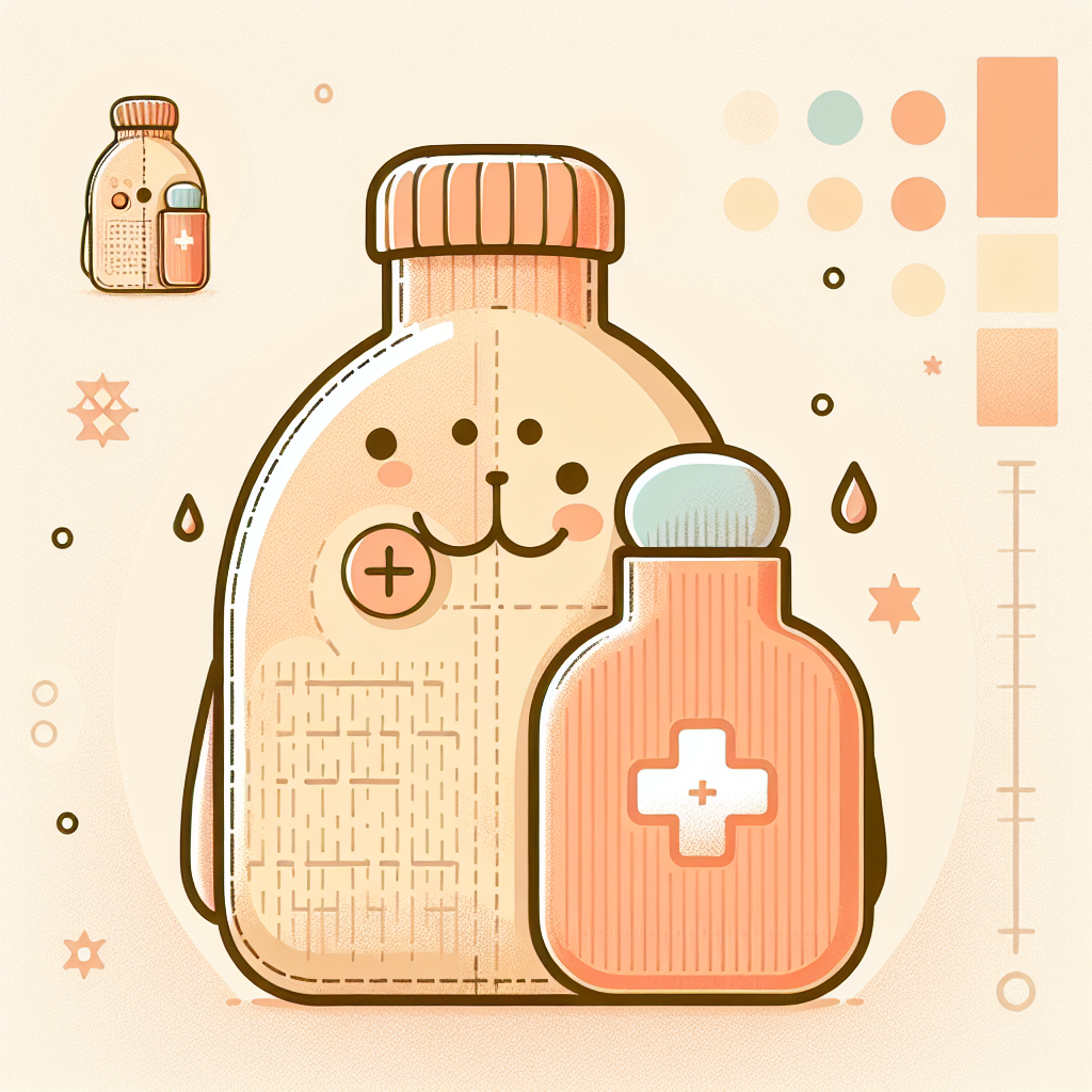 Bouillotte peluche en forme d'ours brun posée sur un comptoir de pharmacie moderne avec des médicaments en arrière-plan
