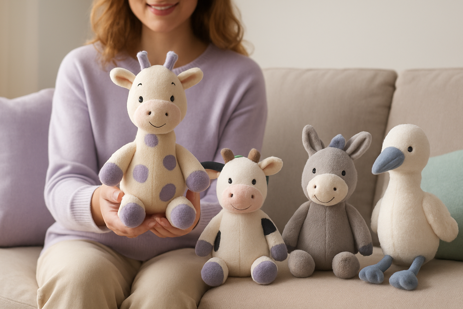 Poupée peluche douce en coton avec visage brodé posée sur un lit d'enfant