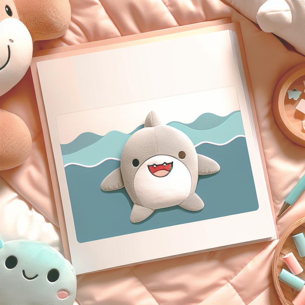 Adorable requin peluche gris et blanc aux yeux pétillants et au sourire attendrissant, posé sur un lit d'enfant avec des coussins bleus