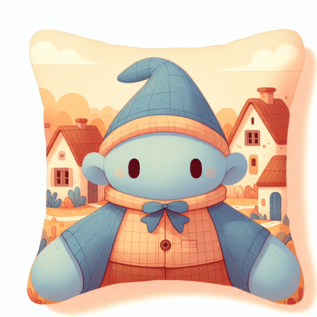 Schtroumpf en peluche bleu avec bonnet blanc posé dans un décor naturel évoquant la forêt enchantée