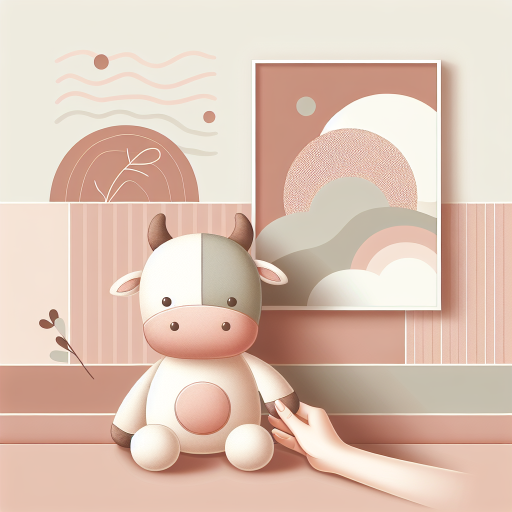 Adorable vache peluche blanche et noire aux yeux tendres, posée sur un lit douillet avec une lumière douce