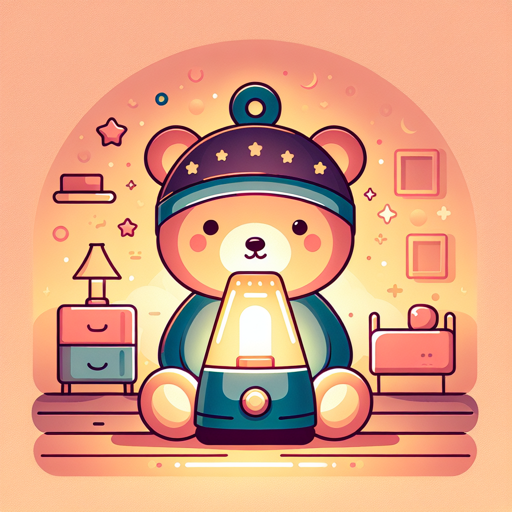 Veilleuse peluche ourson lumineux posée sur une table de chevet dans une chambre tamisée