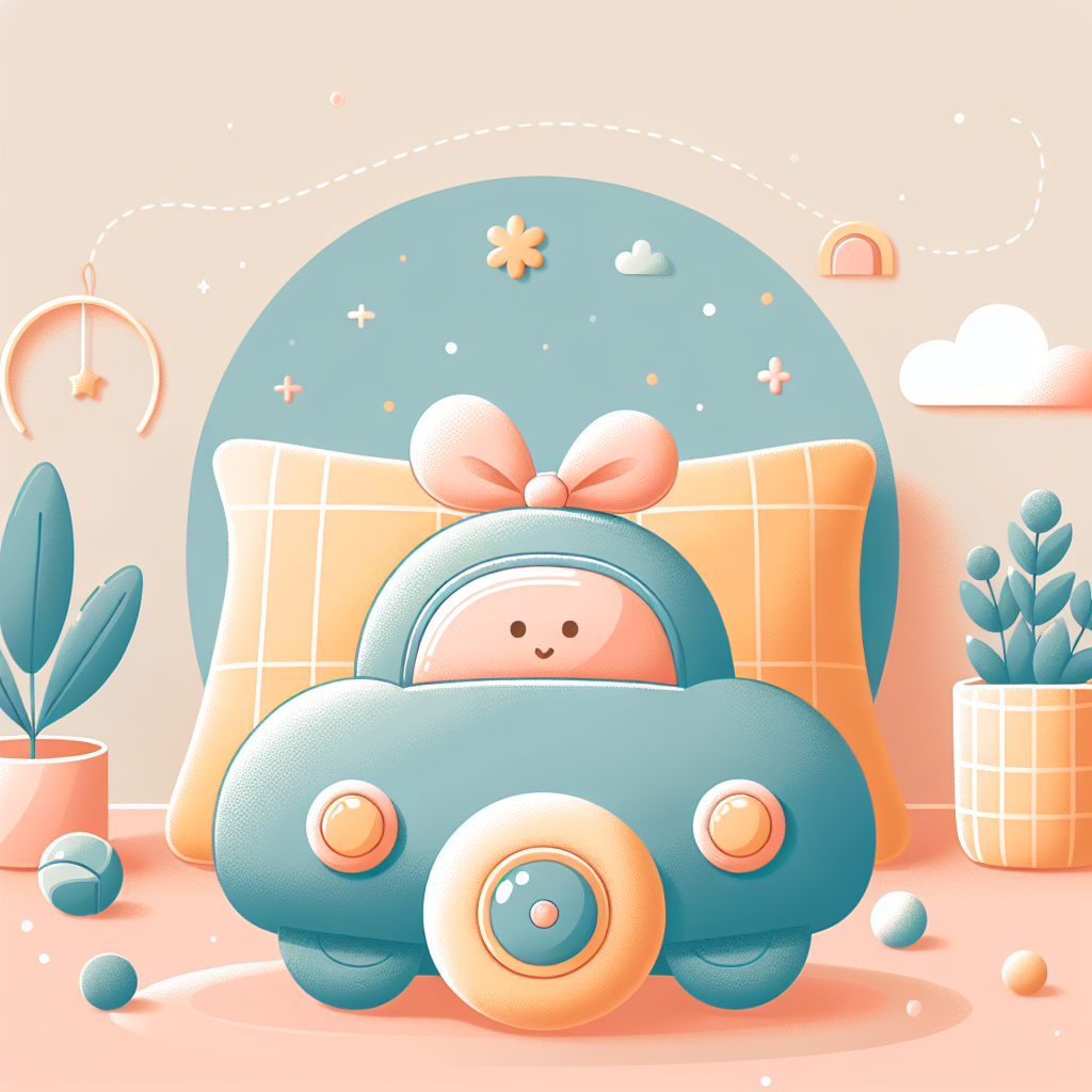 Voiture peluche colorée rouge et bleue posée sur un lit d'enfant avec des jouets automobiles en arrière-plan
