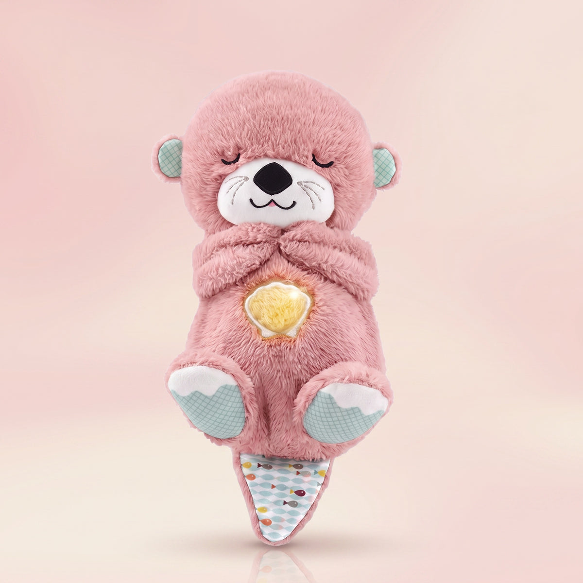 Peluche loutre qui respire rose, fond pastel