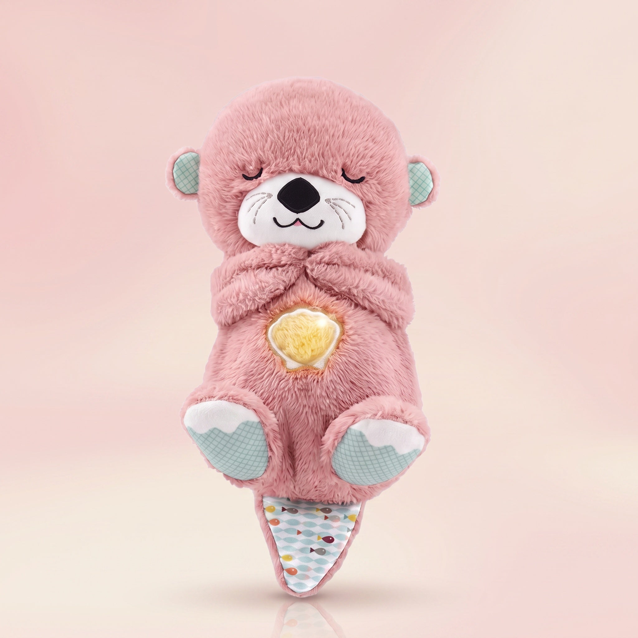 Peluche loutre qui respire rose, fond pastel