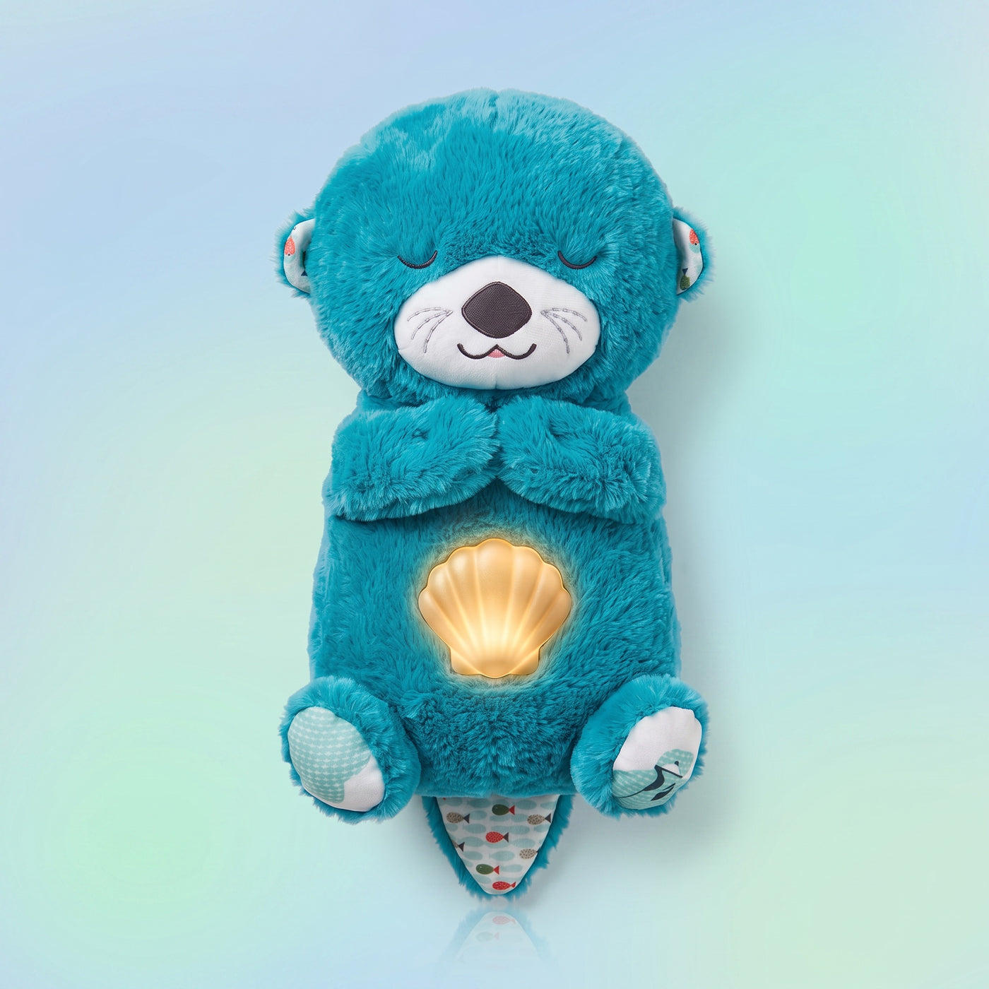 Peluche loutre qui respire bleu turquoise, fond pastel