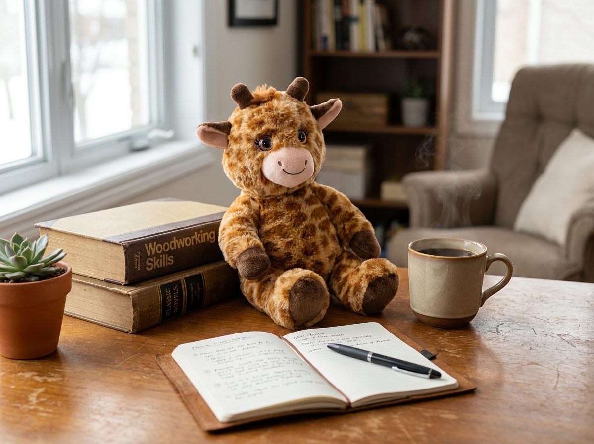 Peluche Léo OUP posée sur un bureau avec une tasse de café et un carnet ouvert