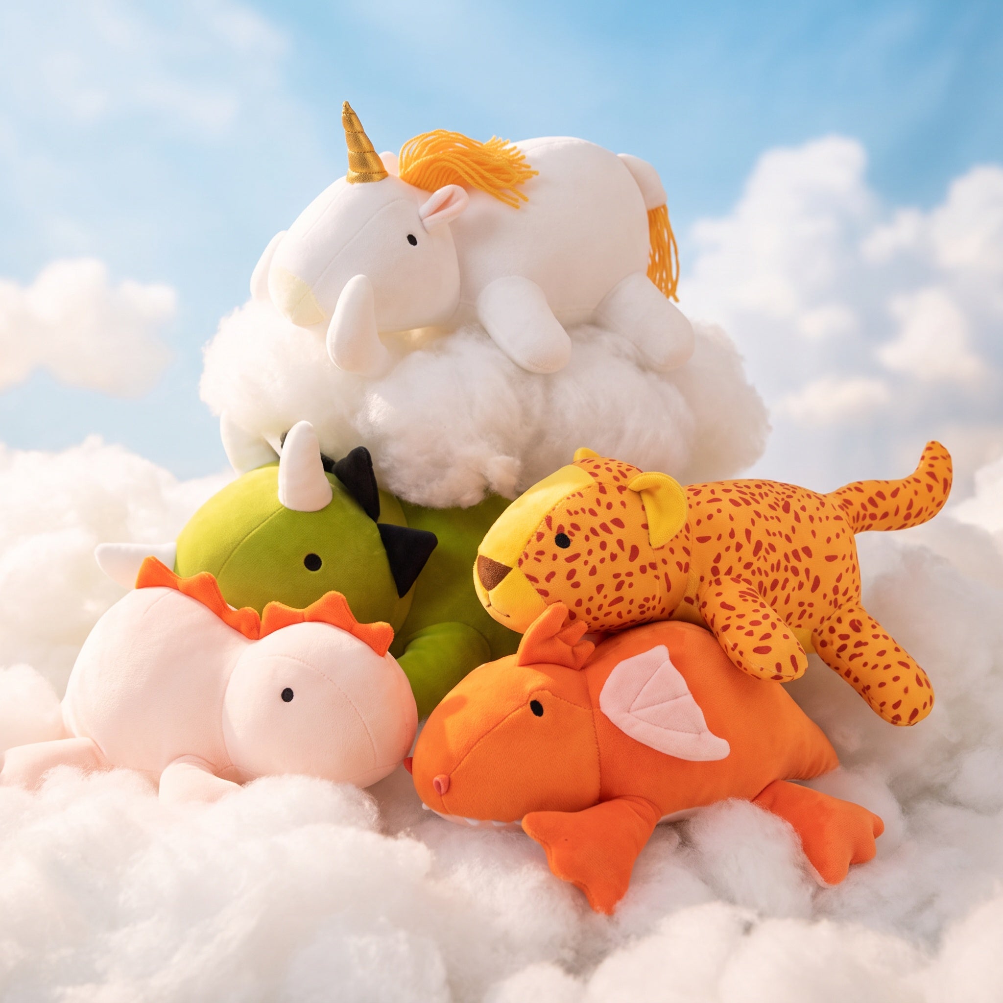Peluche lestée anti-stress, les 5 modèles ensemble sur nuages